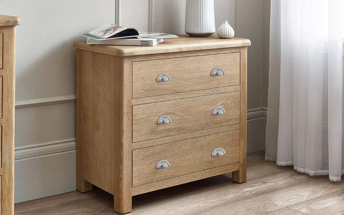Cayden Limed Oak Wood Chest of Drawers | 3 Drawers